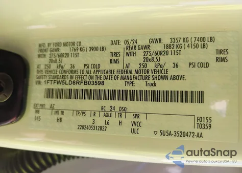 2024 Ford F-150 Lariat from USA, damaged, VIN 1FTFW5LD8RFB03598